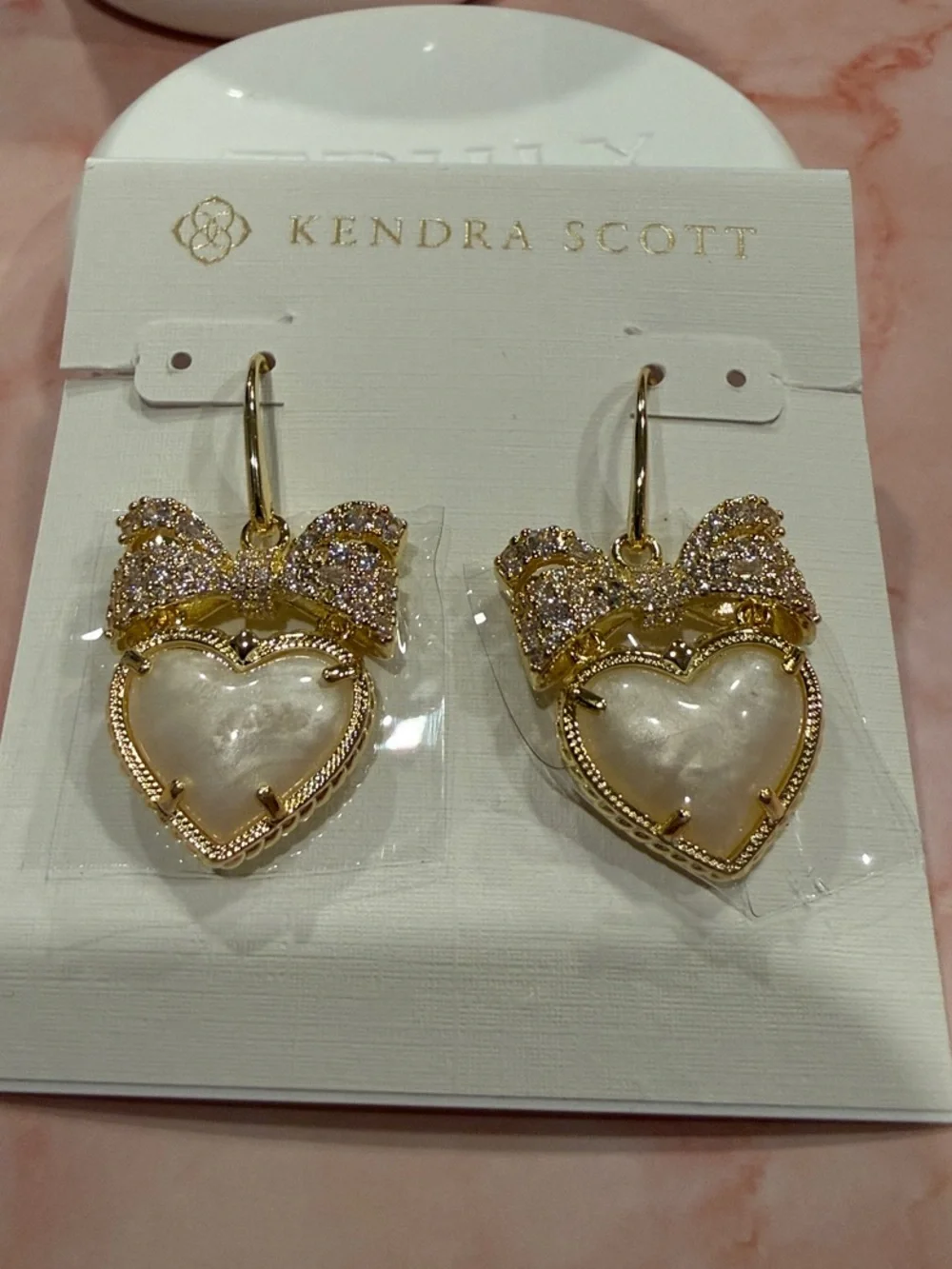 Kendra Scott | Gold Plated Heart, Pearl & Crystal Bow Drop Earrings - Picture 1 of 3